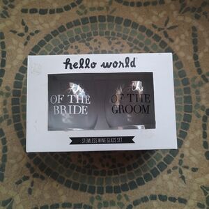 Hello World MB/MG Pair of Stemless Wine Glasses New Old Stock Wedding (B)